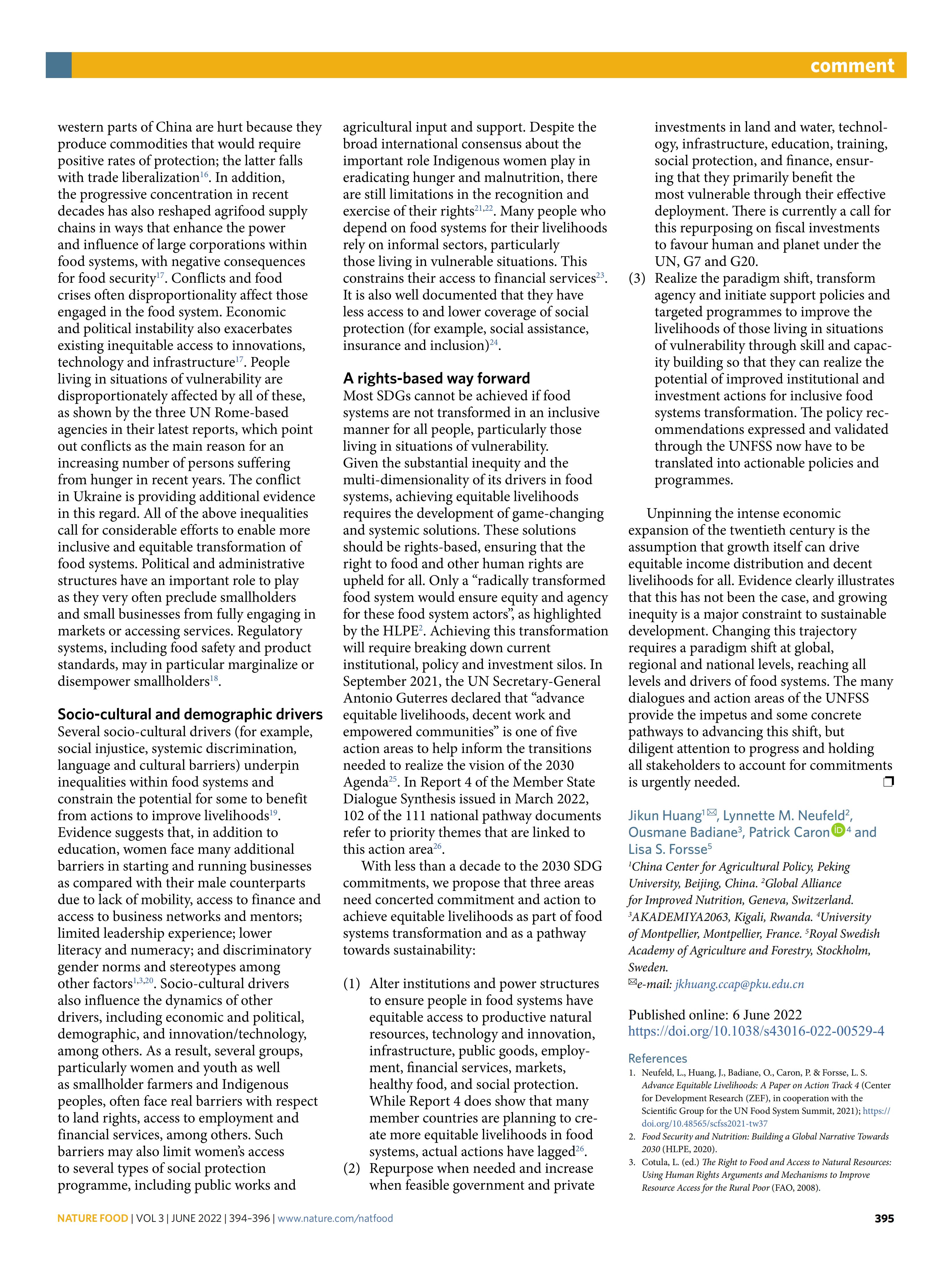 黄季焜老师在naturefood发文（Equitablelivelihoodsmustunderpinfoodsystemstransformation）_01