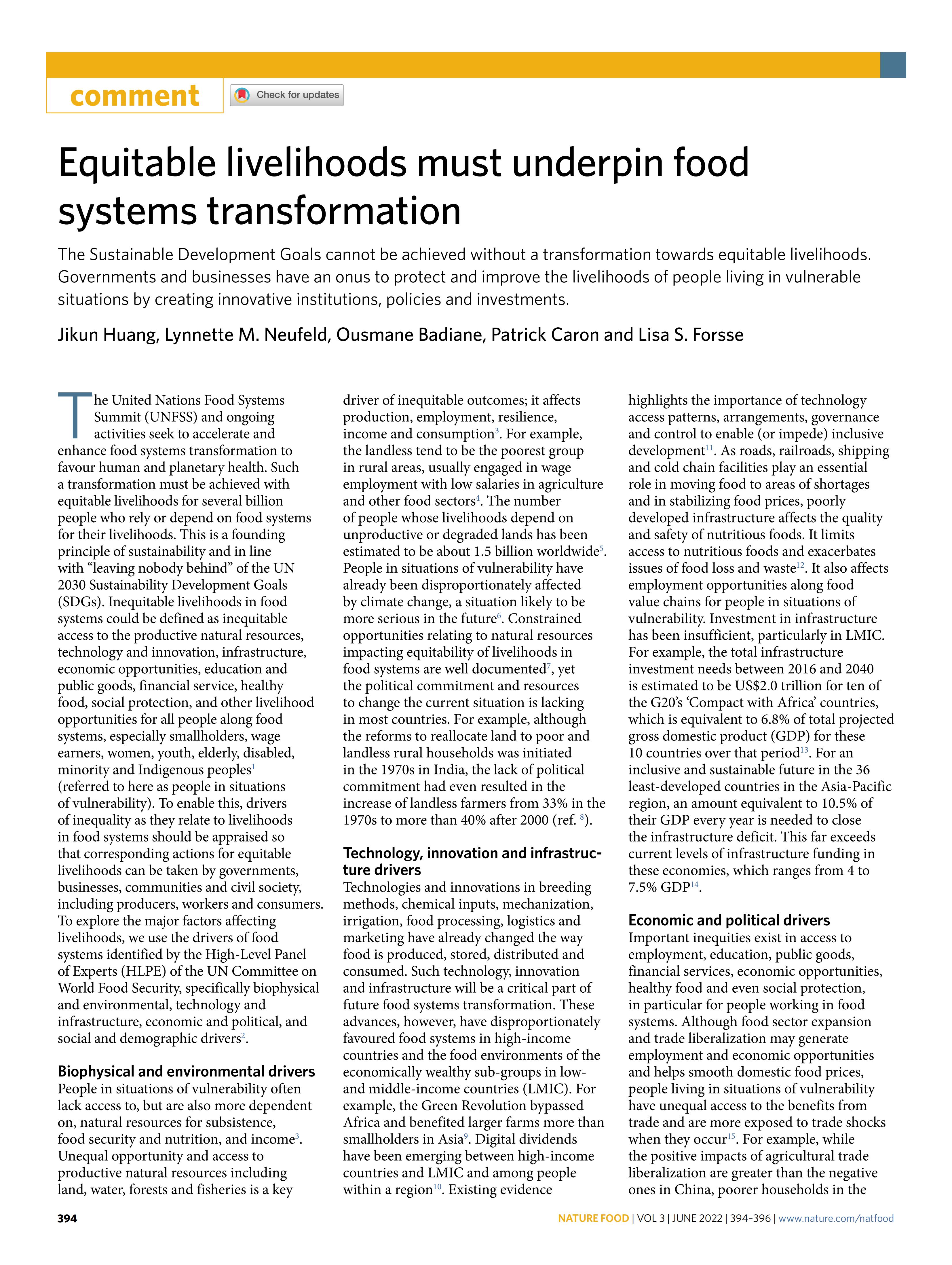 黄季焜老师在naturefood发文（Equitablelivelihoodsmustunderpinfoodsystemstransformation）_00