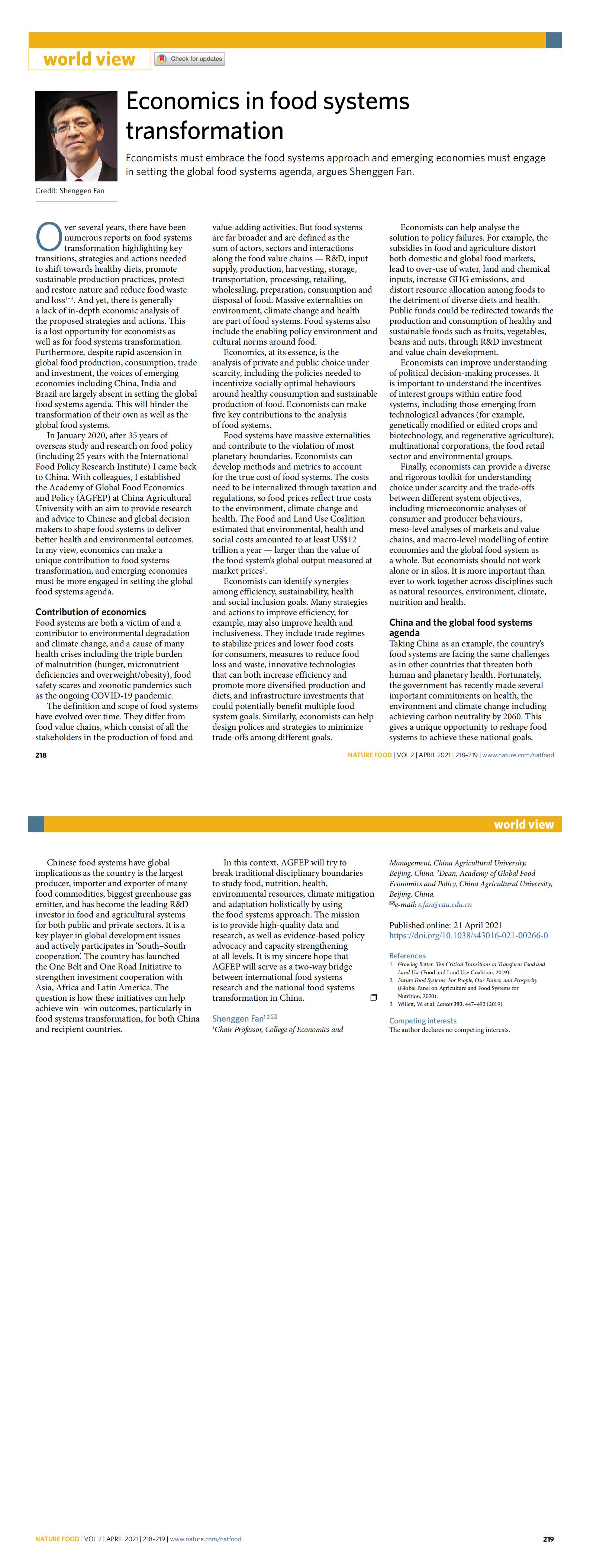 樊胜根老师在naturefood发文（Economicsinfoodsystemstransformation）_00